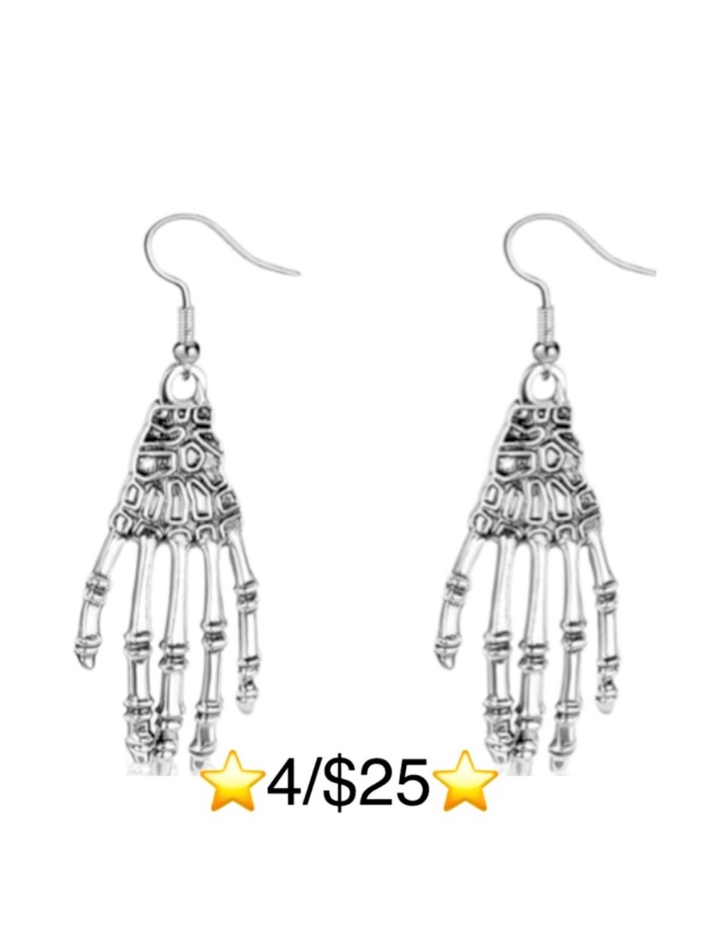 Skeleton Hand Earrings Dangling Halloween Silver Tone Alloy + Stainless Steel